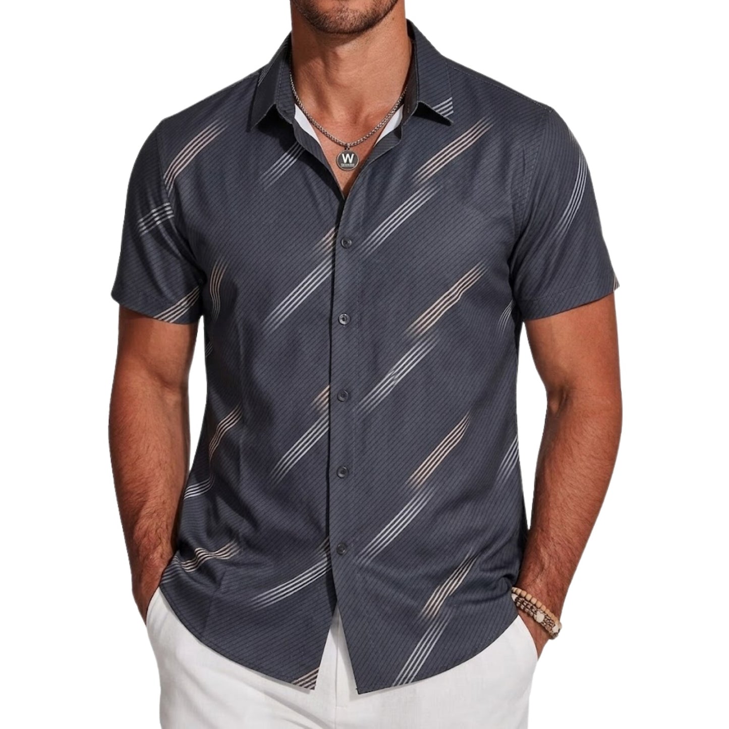 Signature Series: Men's High-End Textured Stripe Casual Shirt Short Sleeve Button-Down