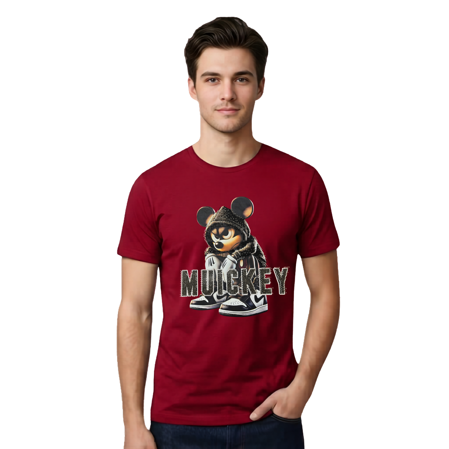 Muickey Rhinestone Graphic Print Cotton T-Shirt, White, Round Neck, Short Sleeve, Oversized Fit for Women