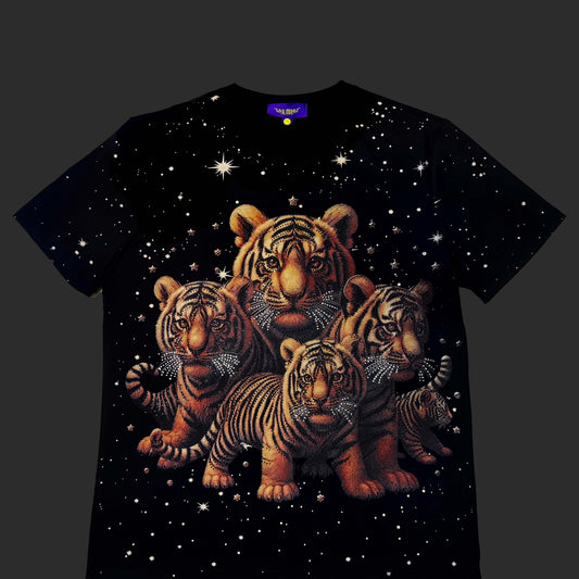 Men’s Black Tiger Graphic T-Shirt – Rhinestone Embellished Animal Print Tee